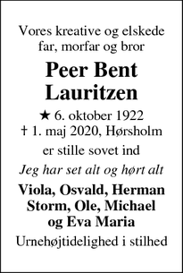 Dødsannoncen for Peer Bent Lauritzen - Hørsholm