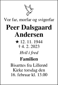 Dødsannoncen for Peer Dalsgaard
Andersen - Allerød