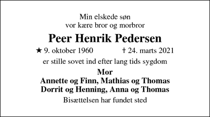 Dødsannoncen for Peer Henrik Pedersen - Langeskov