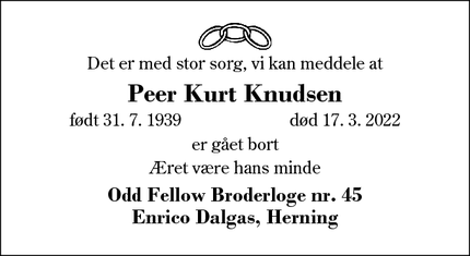 Dødsannoncen for Peer Kurt Knudsen - Herning
