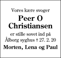 Dødsannoncen for Peer O Christiansen - Ålborg
