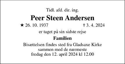Dødsannoncen for Peer Steen Andersen - søborg