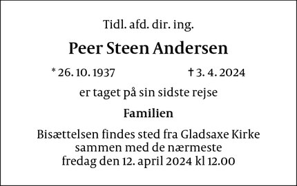 Dødsannoncen for Peer Steen Andersen - søborg