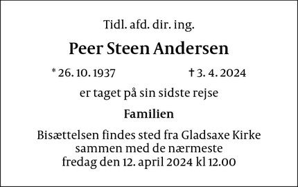 Dødsannoncen for Peer Steen Andersen - søborg
