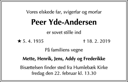 Dødsannoncen for Peer Yde-Andersen - Nivå