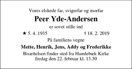 Dødsannoncen for Peer Yde-Andersen - Nivå