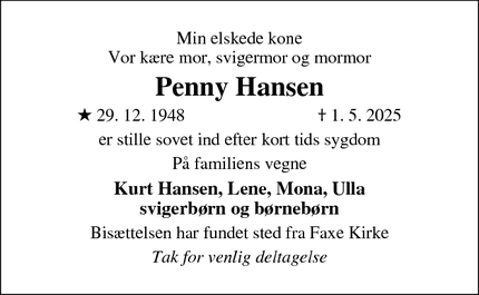Dødsannoncen for Penny Hansen - Faxe