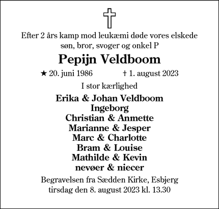 Dødsannoncen for Pepijn Veldboom - Esbjerg
