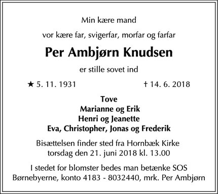 Dødsannoncen for Per Ambjørn Knudsen - Hornbæk