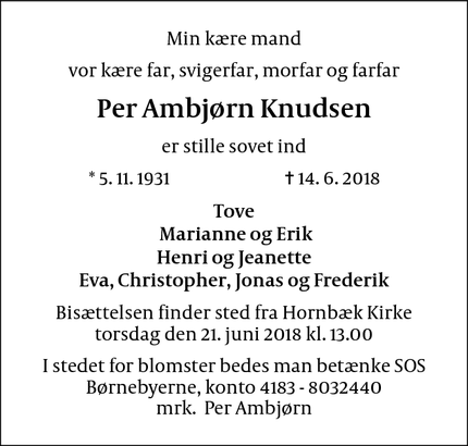 Dødsannoncen for Per Ambjørn Knudsen - Hornbæk