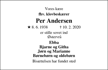 Dødsannoncen for Per Andersen - Østervrå