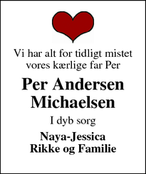 Dødsannoncen for Per Andersen
Michaelsen - Bording 