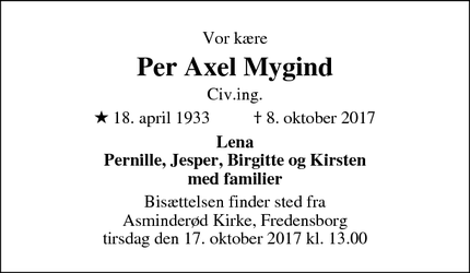 Dødsannoncen for Per Axel Mygind - Fredensborg