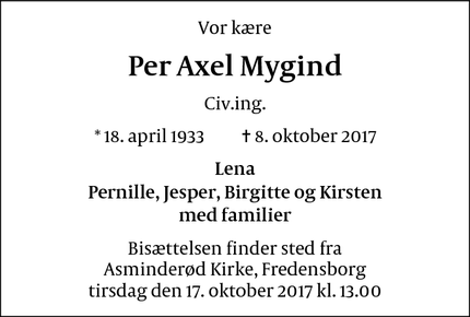 Dødsannoncen for Per Axel Mygind - Fredensborg