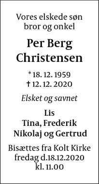 Dødsannoncen for Per Berg Christensen - Frederiksberg C