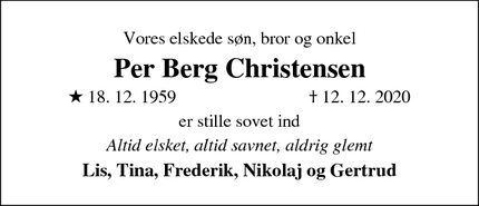 Dødsannoncen for Per Berg Christensen - Frederiksberg C