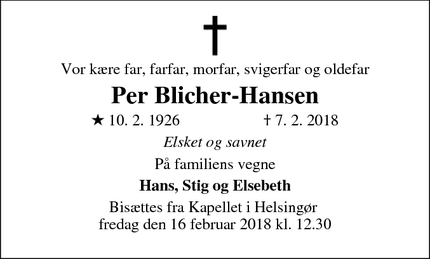 Dødsannoncen for Per Blicher-Hansen - helsingør