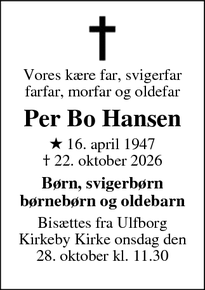 Dødsannoncen for Per Bo Hansen - Ulfborg Kirkeby