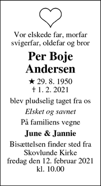 Dødsannoncen for Per Boje
Andersen - Måløv