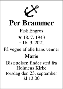 Dødsannoncen for Per Brammer - København K