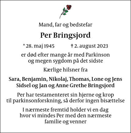 Dødsannoncen for Per Bringsjord - Solrød Strand 