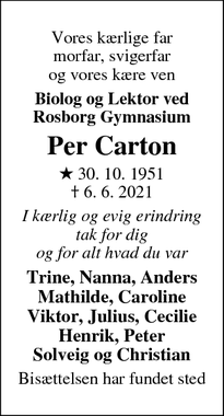 Dødsannoncen for Per Carton - Højbjerg