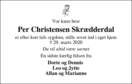 Dødsannoncen for Per Christensen Skrædderdal - Vejle