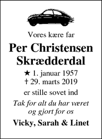 Dødsannoncen for Per Christensen
Skrædderdal - Sjølund 