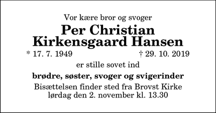 Dødsannoncen for Per Christian
Kirkensgaard Hansen - Brovst