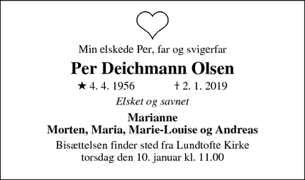 Dødsannoncen for Per Deichmann Olsen - Kongens Lyngby