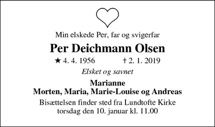 Dødsannoncen for Per Deichmann Olsen - Kongens Lyngby