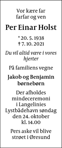 Dødsannoncen for Per Einar Holst - København S