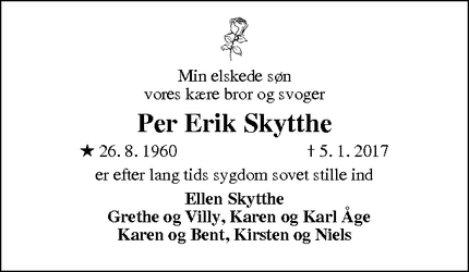 Dødsannoncen for Per Erik Skytthe - Langeskov