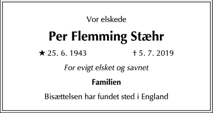 Dødsannoncen for Per Flemming Stæhr - Derby, England