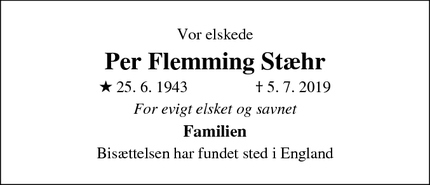 Dødsannoncen for Per Flemming Stæhr - Derby, England