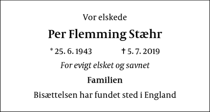 Dødsannoncen for Per Flemming Stæhr - Derby, England