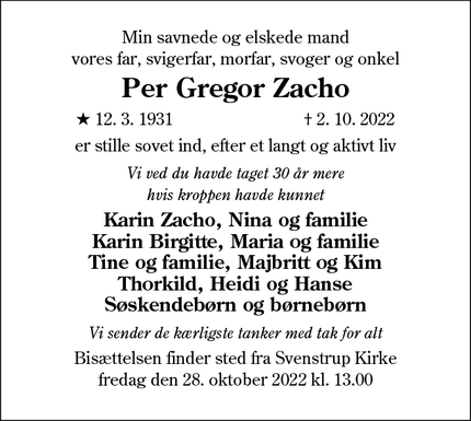 Dødsannoncen for Per Gregor Zacho - Herfølge