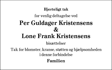 Taksigelsen for Per Guldager Kristensens
&
Lone Frank Kristensens - Esbjerg