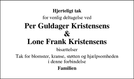 Taksigelsen for Per Guldager Kristensens
&
Lone Frank Kristensens - Esbjerg