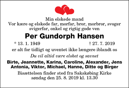 Dødsannoncen for Per Gundorph Hansen - Sakskøbing