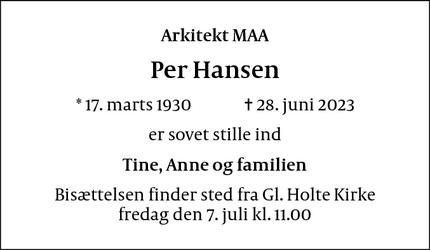 Dødsannoncen for Per Hansen - Gentofte