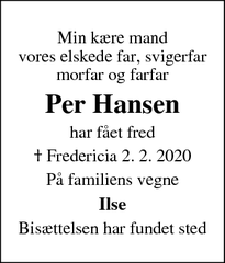 Dødsannoncen for Per Hansen - Skødstrup