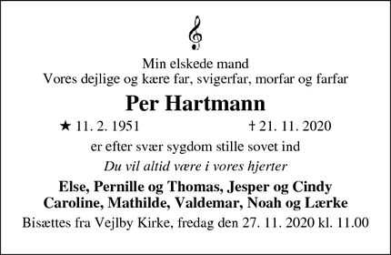 Dødsannoncen for Per Hartmann - Strib