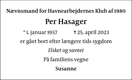 Dødsannoncen for Per Hasager - København