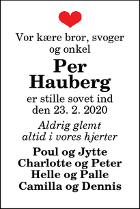 Dødsannoncen for Per Hauberg - Frederikshavn