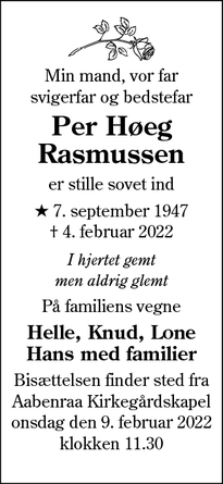 Dødsannoncen for Per Høeg Rasmussen - Rødekro