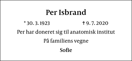 Dødsannoncen for Per Isbrand - Birkerød