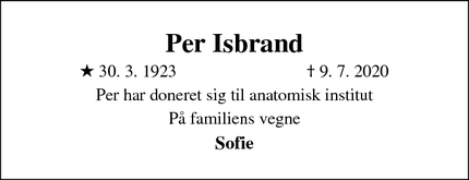 Dødsannoncen for Per Isbrand - Birkerød