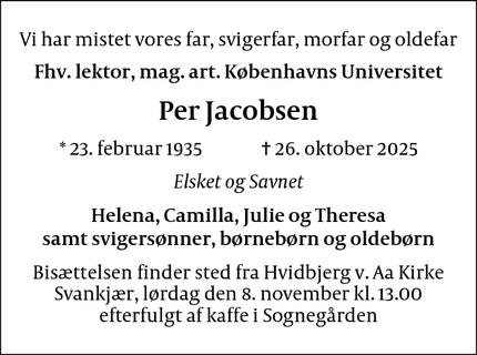 Dødsannoncen for Per Jacobsen - Thy