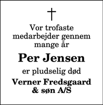 Dødsannoncen for Per Jensen - Svenstrup J